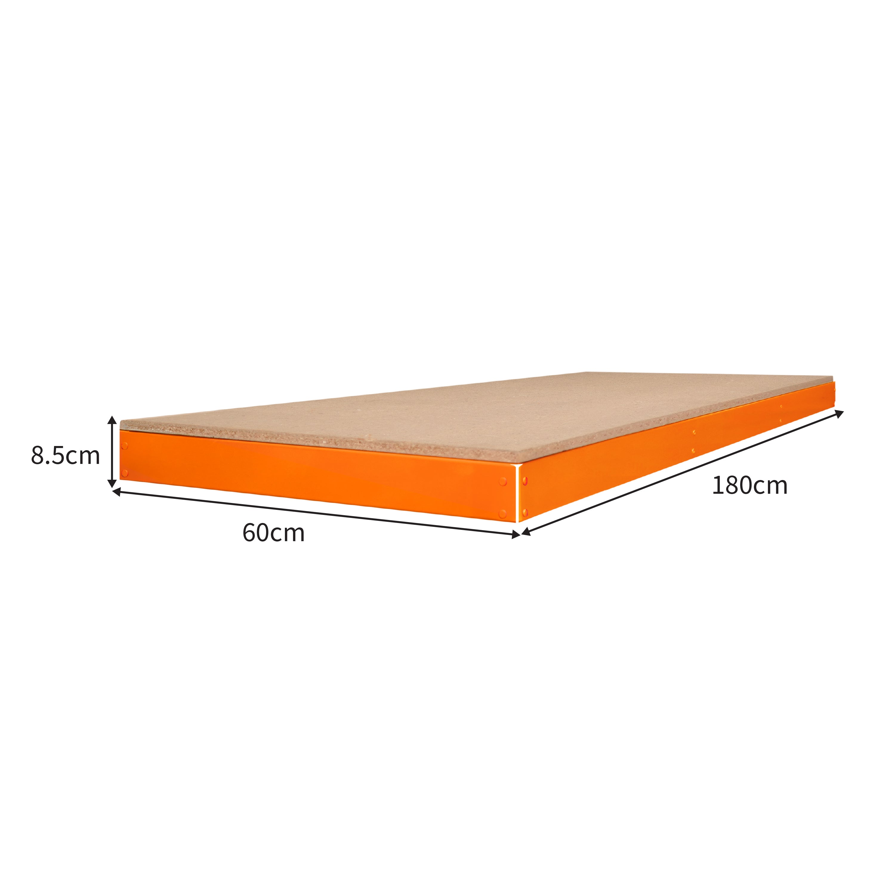 Una plataforma naranja que mide 180cm x 60cm x 8.5cm.