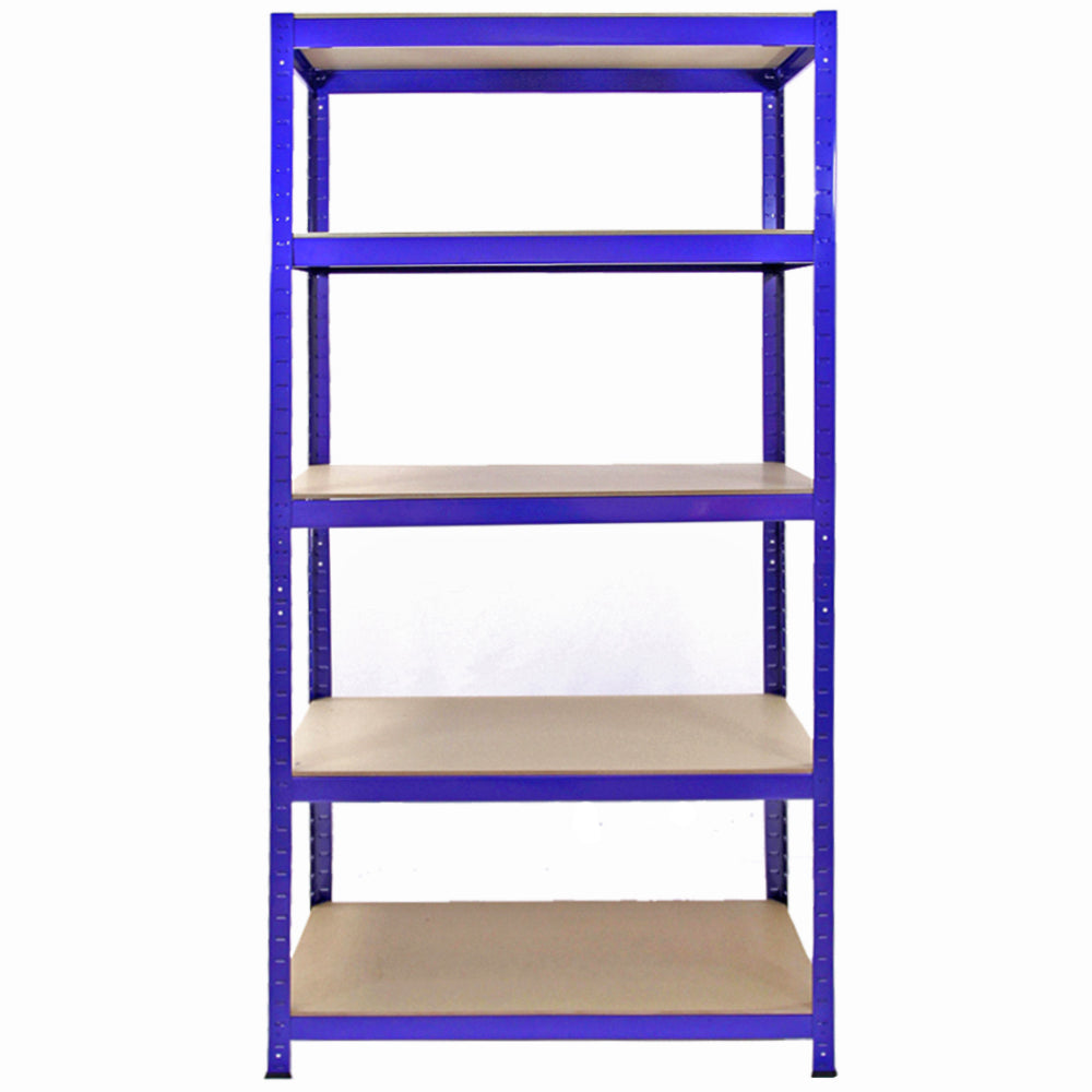 Un estante azul con cinco baldas de madera sobre fondo blanco.