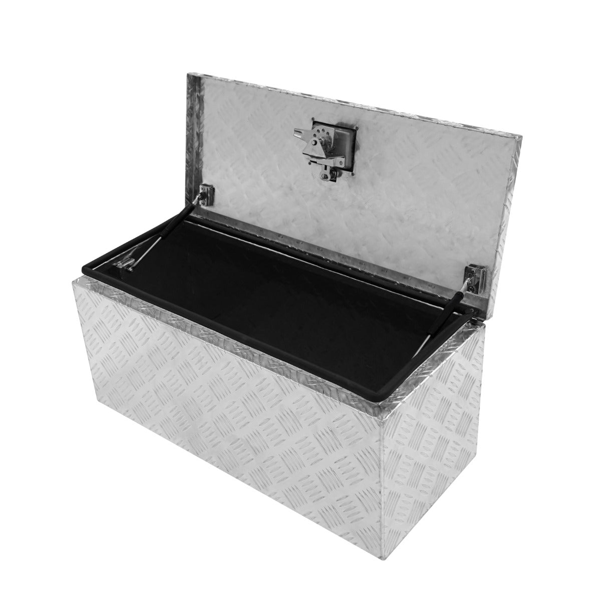 Caja de herramientas abierta de aluminio plateado con patrón de rombos y cerradura.