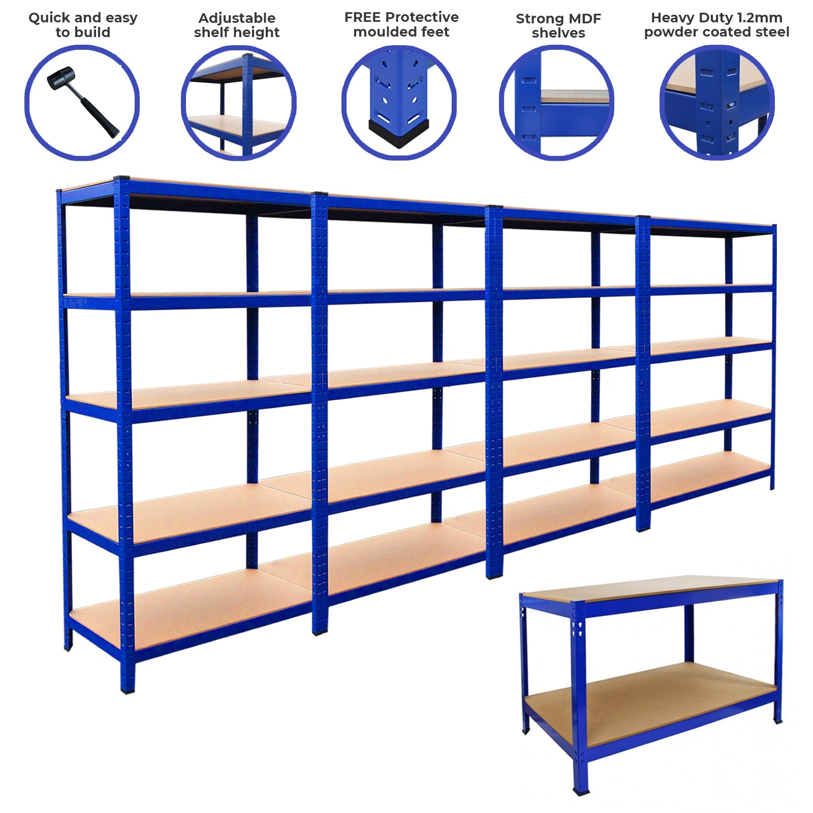 Estanterías metálicas azules con baldas de madera, estante bajo delante.