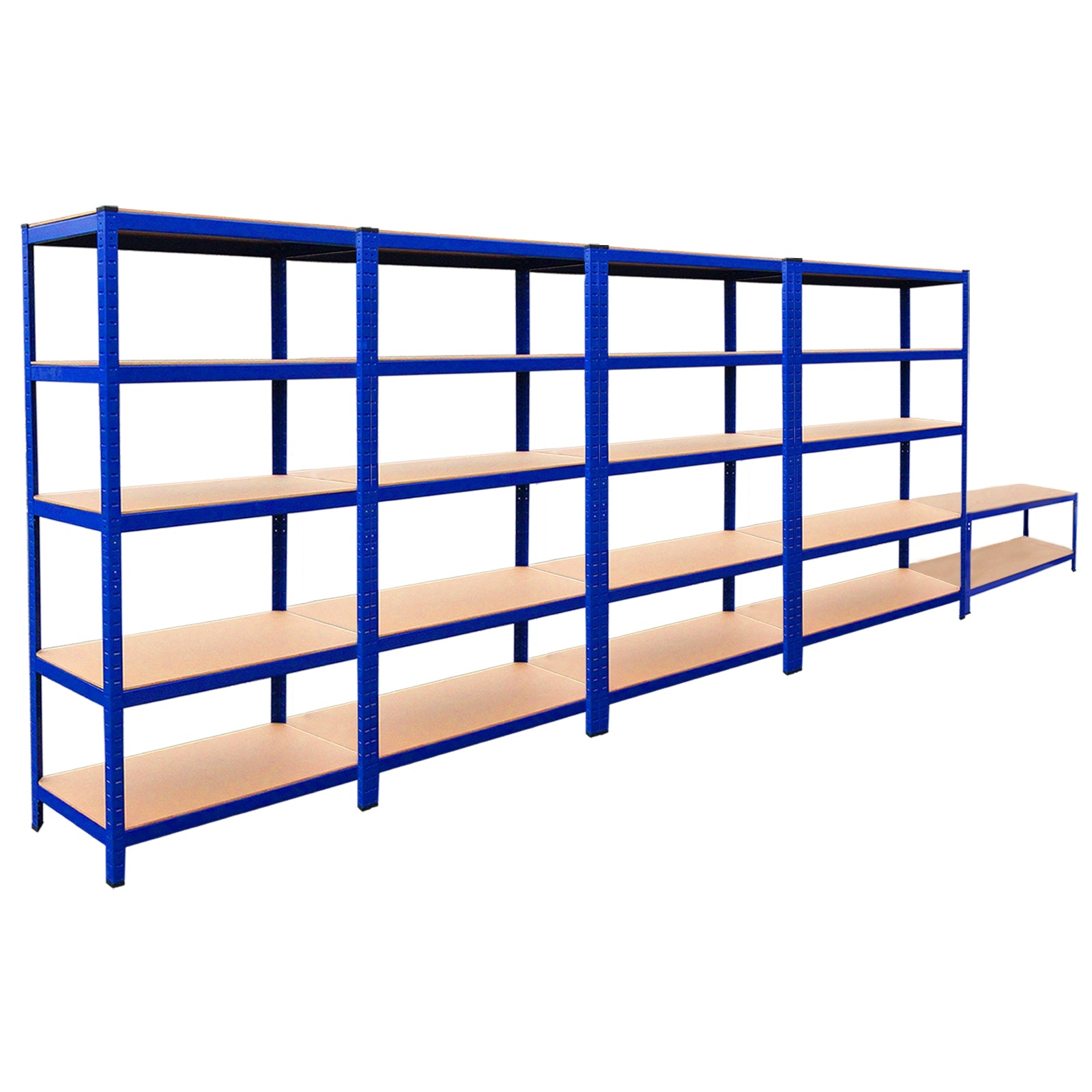 Un estante azul con baldas de madera sobre fondo blanco.