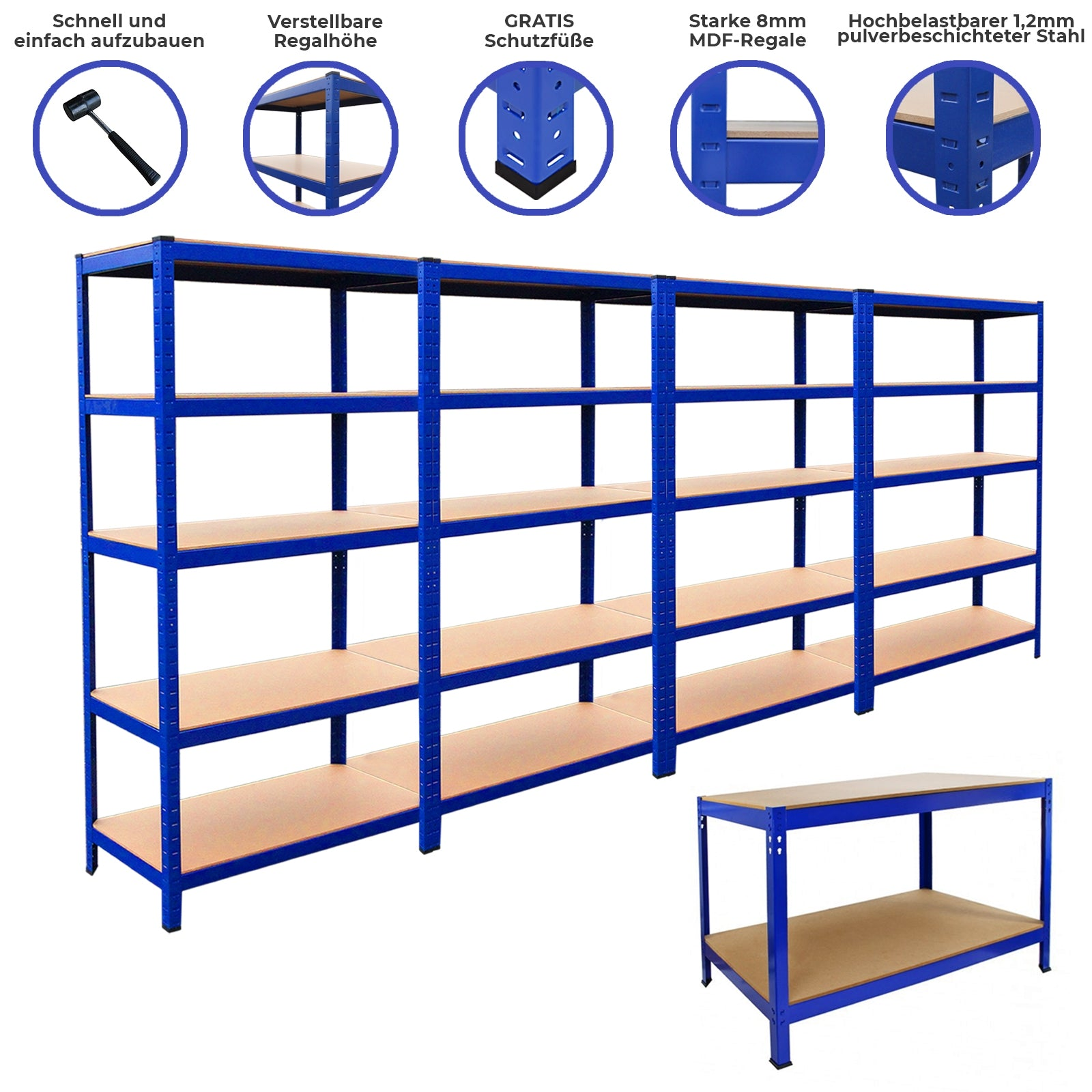 Un estante azul con baldas de madera y un estante azul más pequeño.
