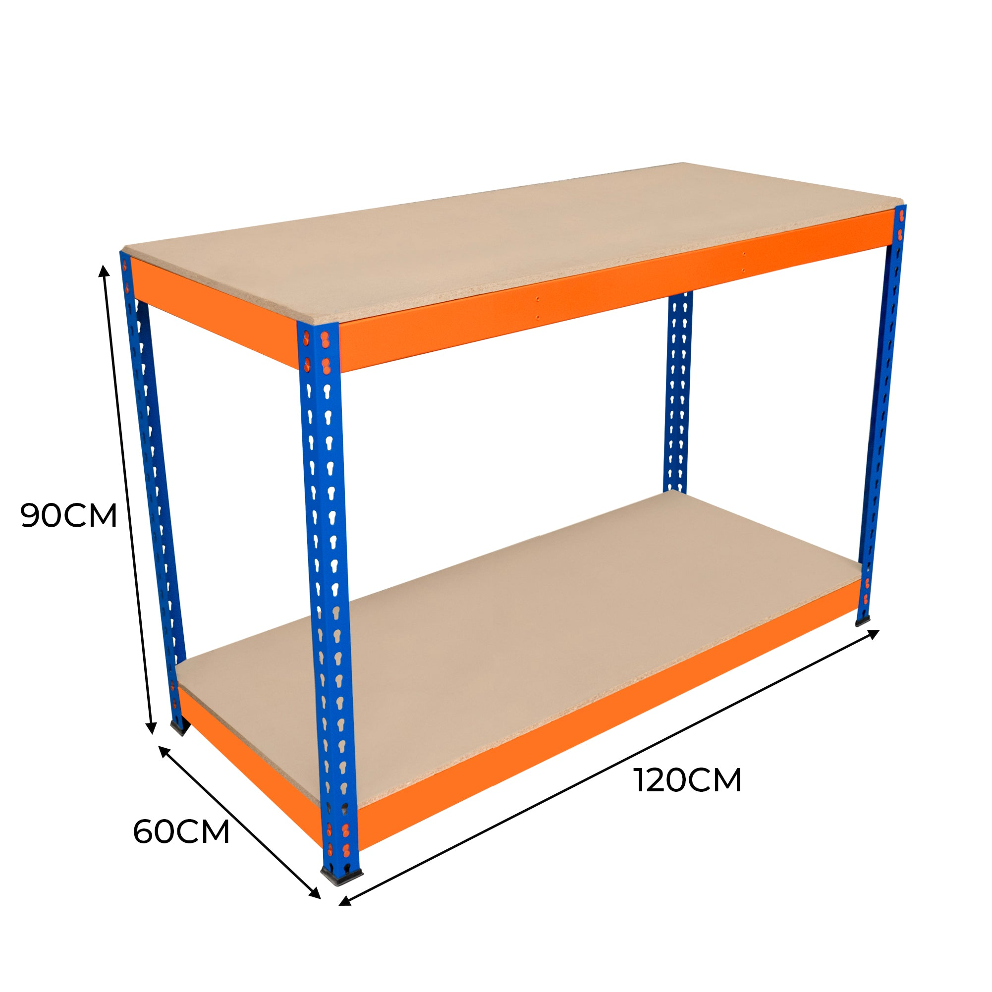 Estantería metálica naranja y azul. Dimensiones: 120cm x 60cm x 90cm.