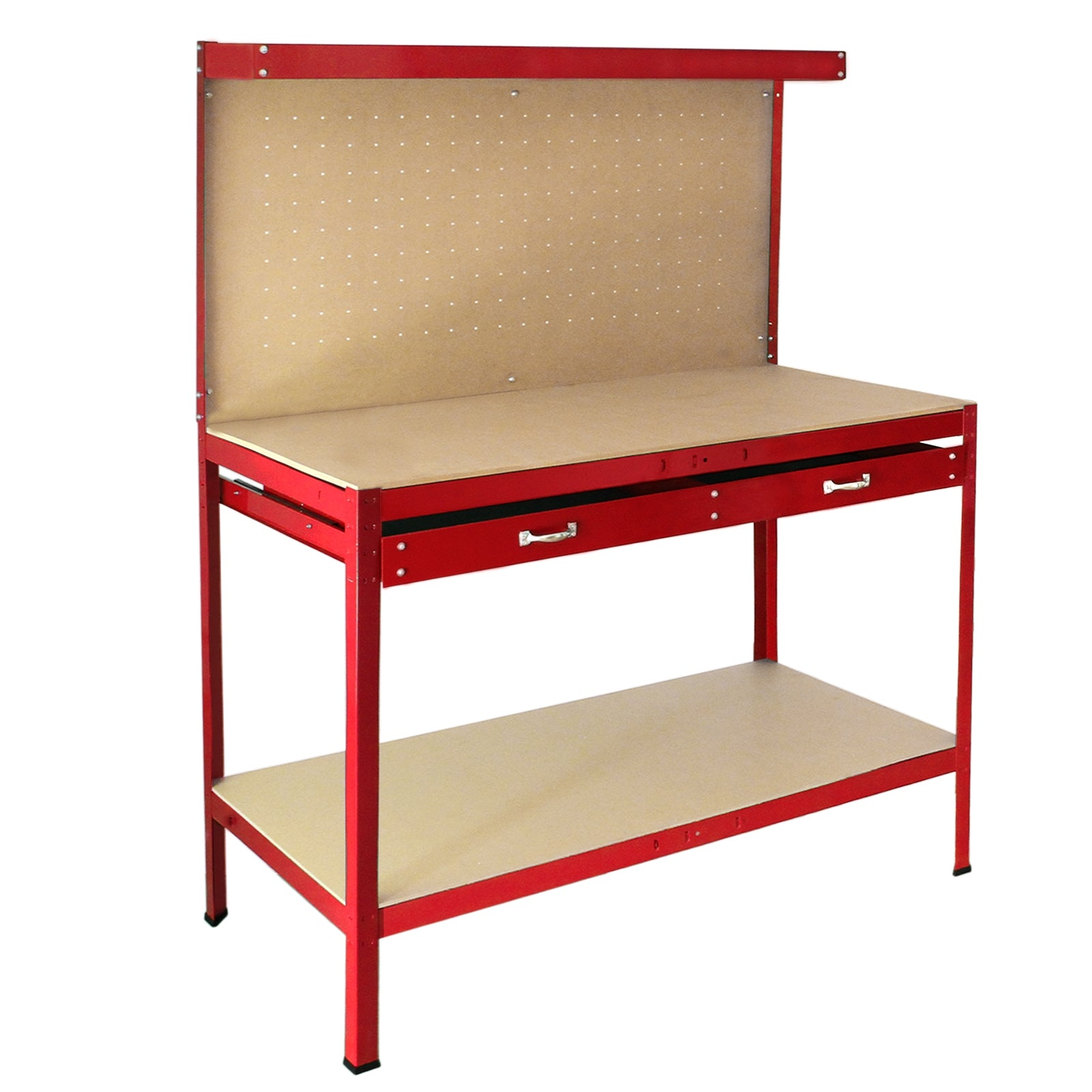 Banco de trabajo rojo con tablero de madera, cajones y panel perforado.