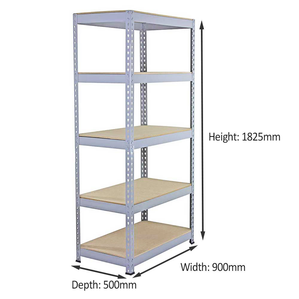 Un estante alto de metal gris de cinco niveles con estantes de madera. Dimensiones.