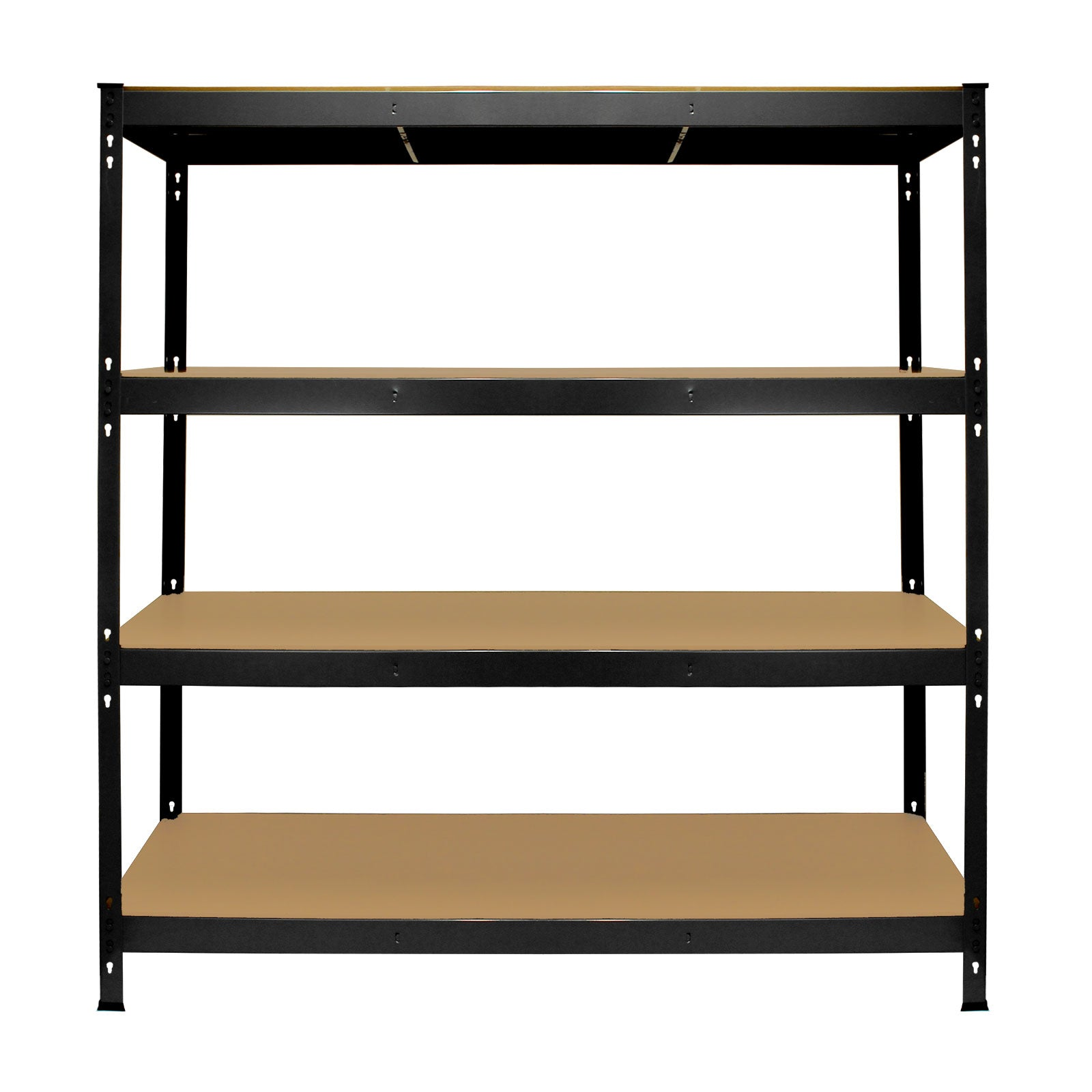 Un estante negro de cuatro niveles con estantes de madera.