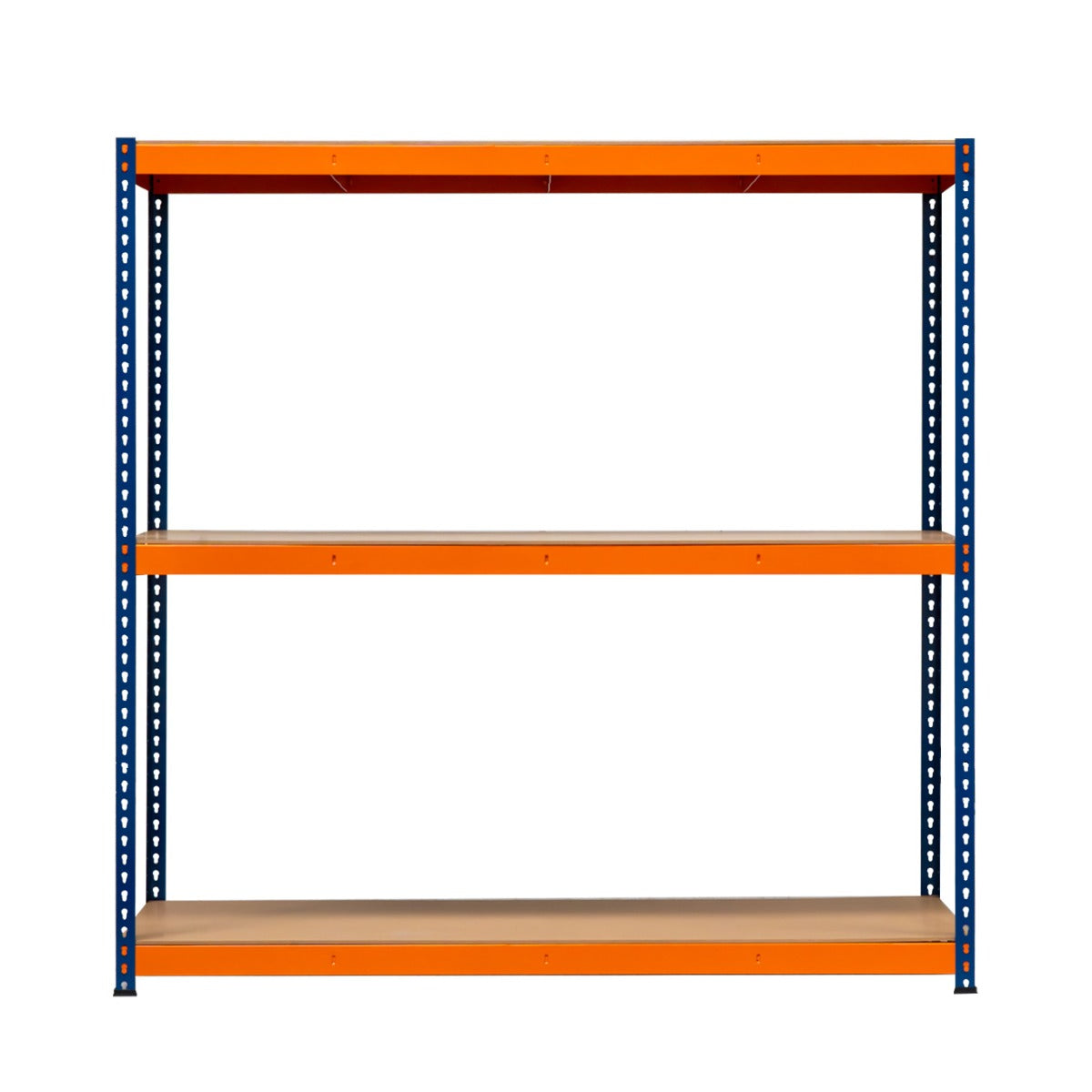 Un estante naranja con dos baldas de madera sobre fondo blanco.