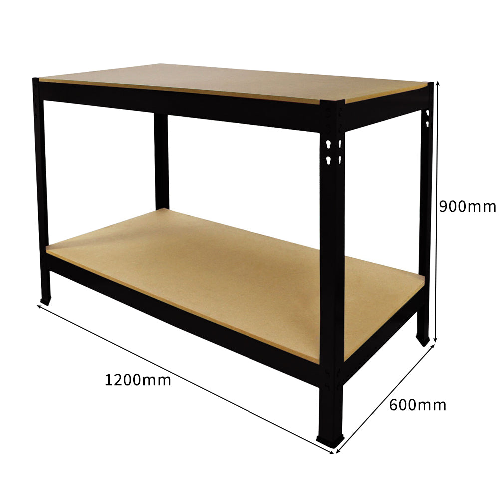 Unidad negra de metal de dos estantes con estantes de madera, dimensiones 1200x600x900mm.