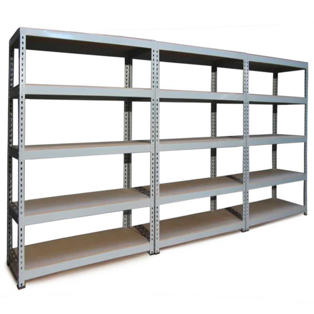 Un estante de metal gris con cinco niveles y baldas de madera.