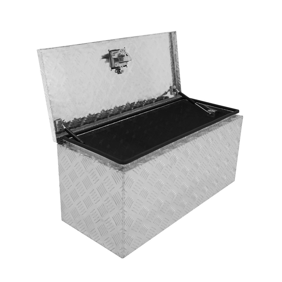 Caja de herramientas abierta de aluminio plateado con patrón de rombos y interior negro.