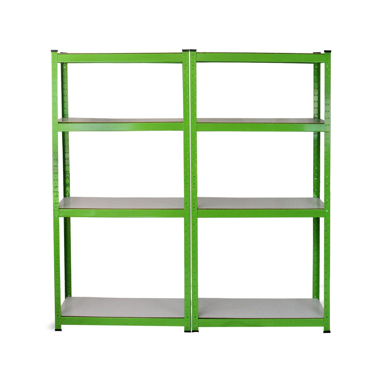Dos estanterías metálicas verdes de cuatro niveles, unidas al centro, sobre fondo blanco.