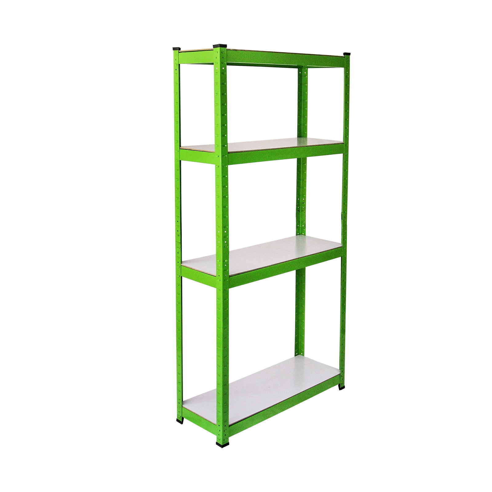 Un estante verde de cuatro niveles con estantes blancos, aislado sobre fondo blanco.