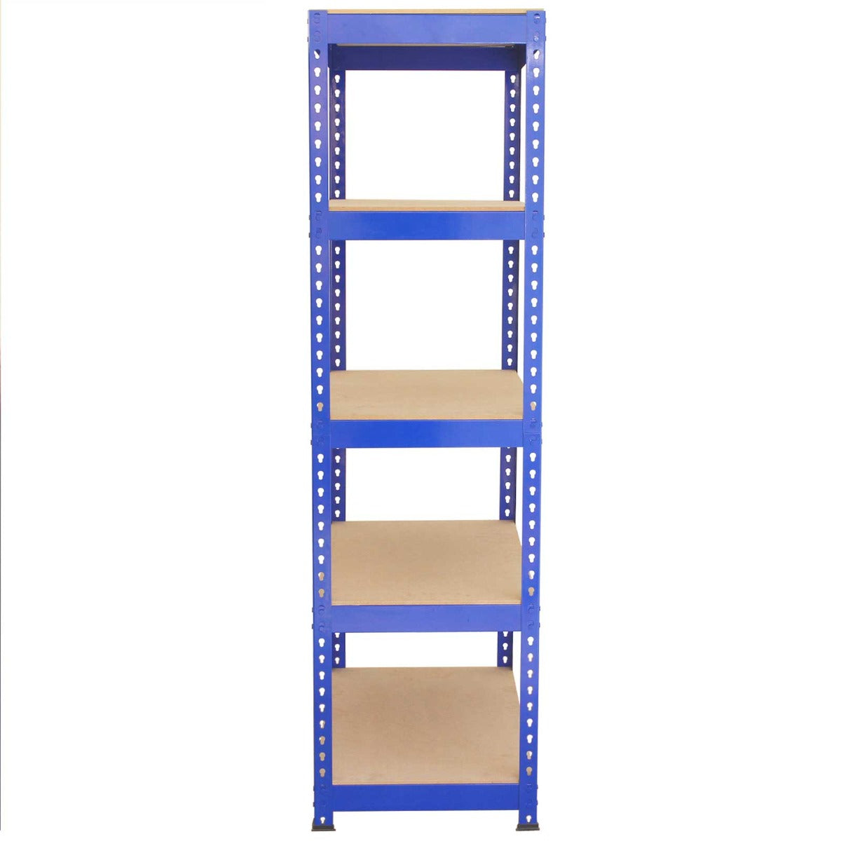 Un estante azul de cinco niveles con baldas de madera sobre fondo blanco.