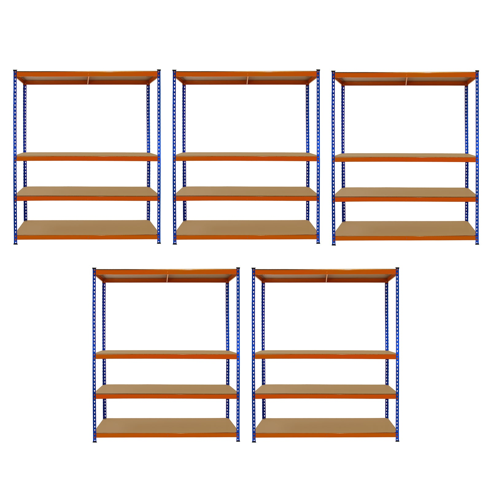 Cinco estanterías de almacenamiento vacías con soportes de metal azul y tablas de madera.