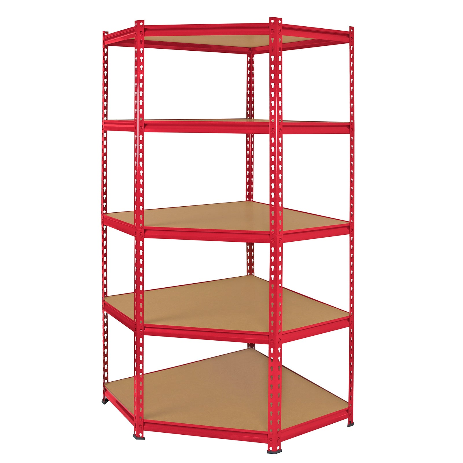 Estantería roja de cinco niveles con estantes de madera marrón, aislada sobre blanco.