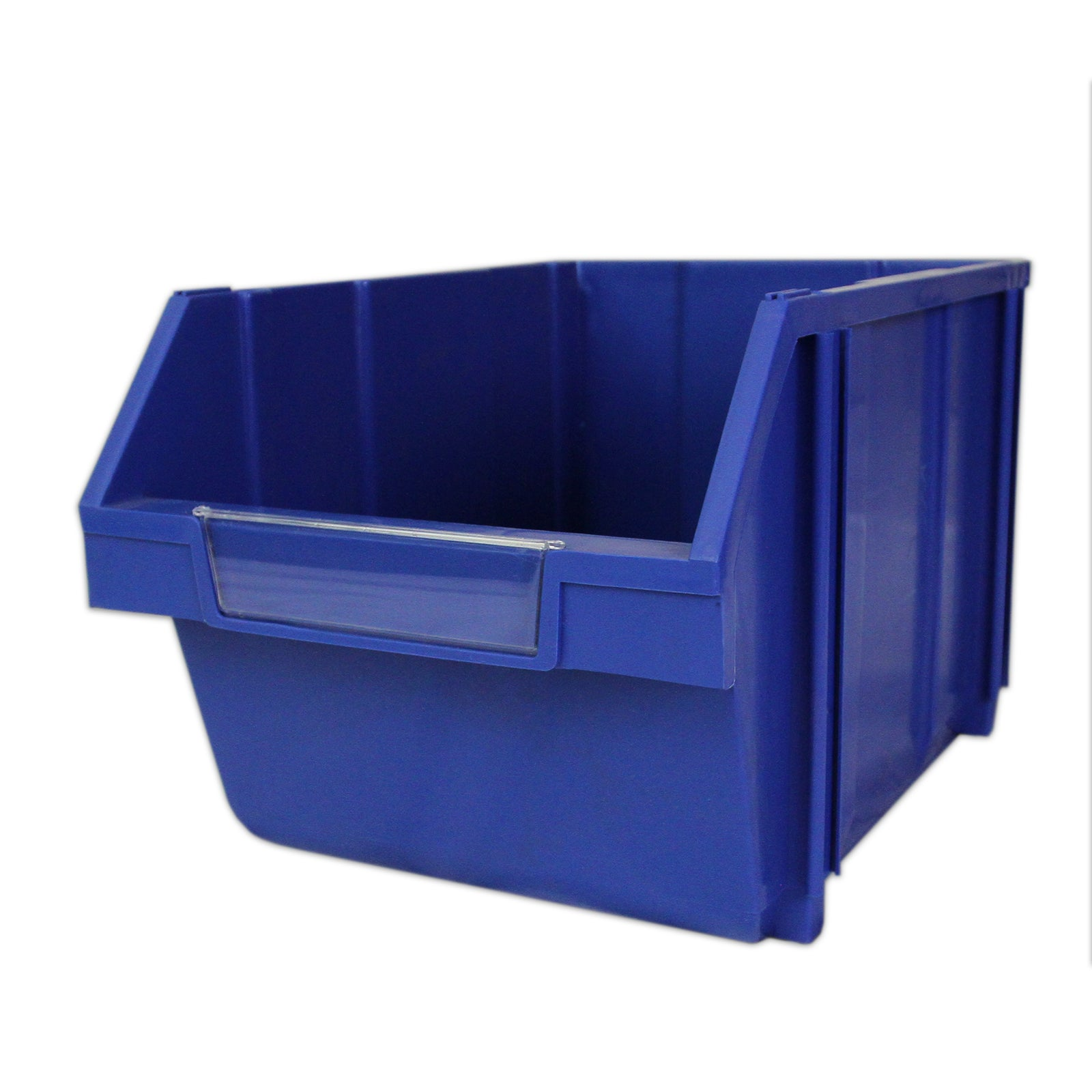Un contenedor de almacenamiento azul con portatarjetas transparente.