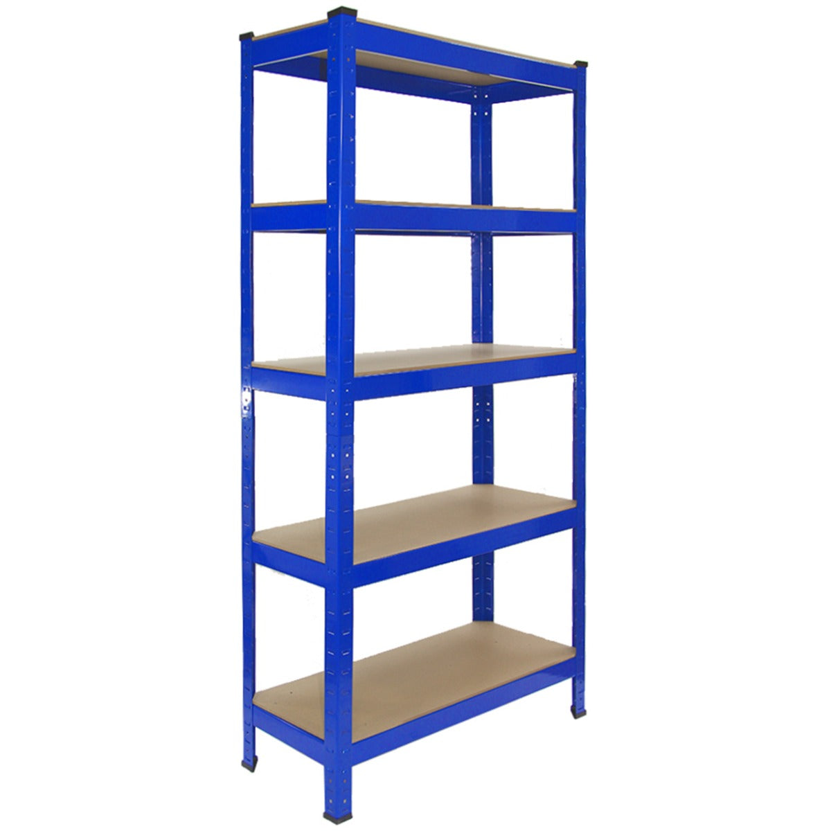Estantería azul de metal con cinco estantes de aglomerado sobre fondo blanco.