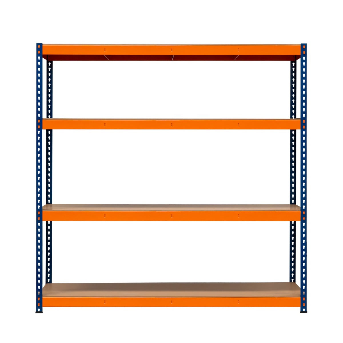 Un estante de metal azul y naranja vacío con tres estantes de madera.