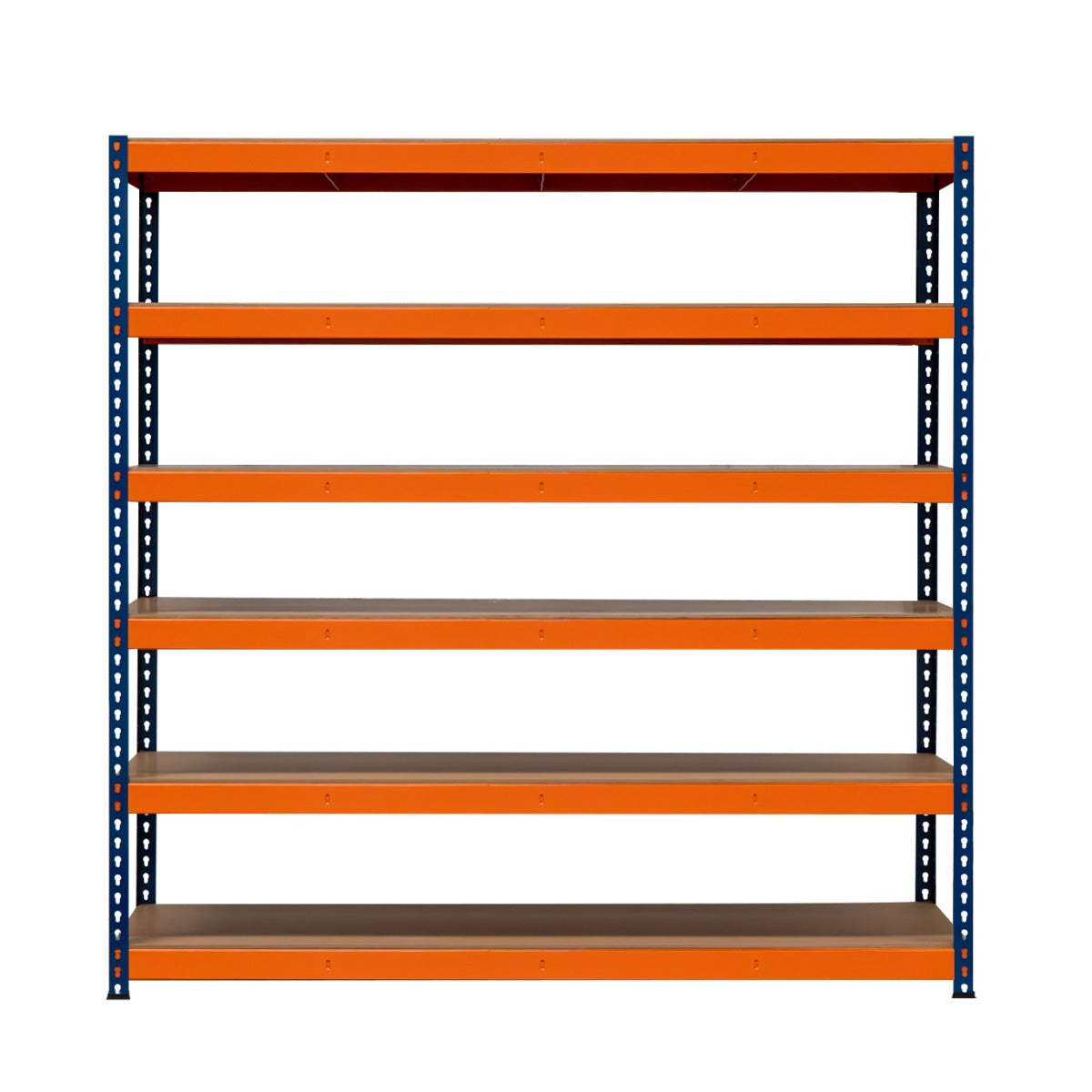 Una estantería industrial de metal azul con seis estantes naranjas sobre fondo blanco.