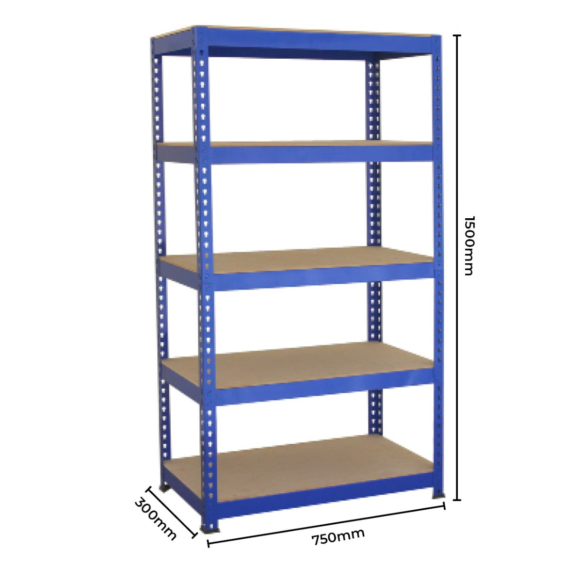 Un estante azul de cinco niveles, mide 1500x750x300mm.