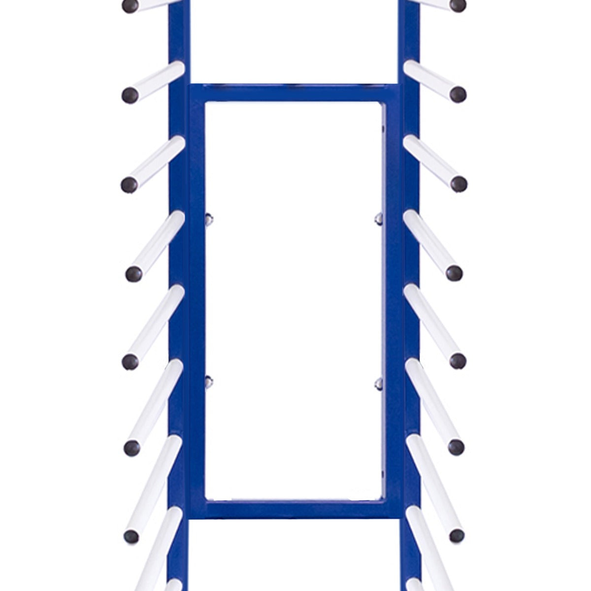 Un soporte metálico azul con varias barras blancas, diseñado para almacenamiento.