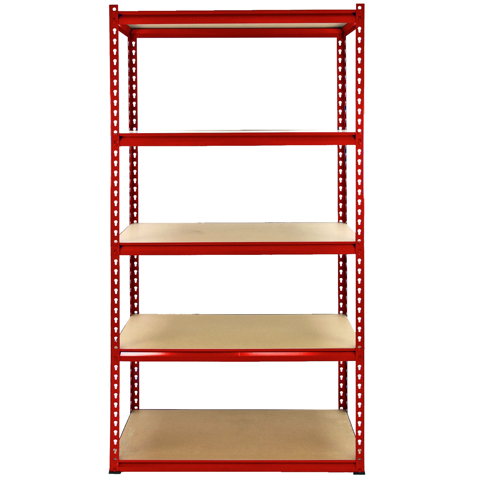 Un estante rojo de cinco niveles con estantes de madera sobre fondo blanco.