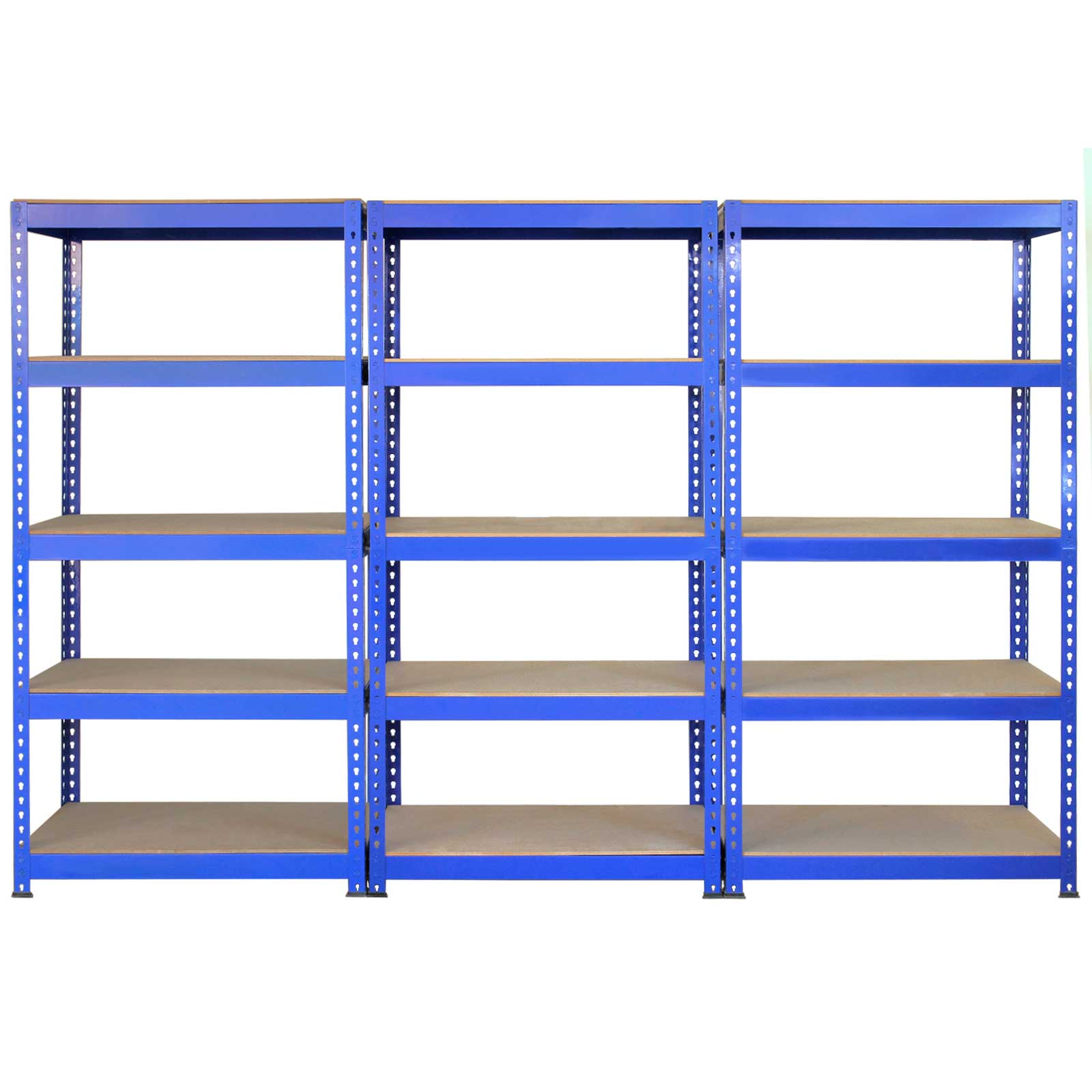 Tres estanterías azules con baldas de madera sobre fondo blanco.