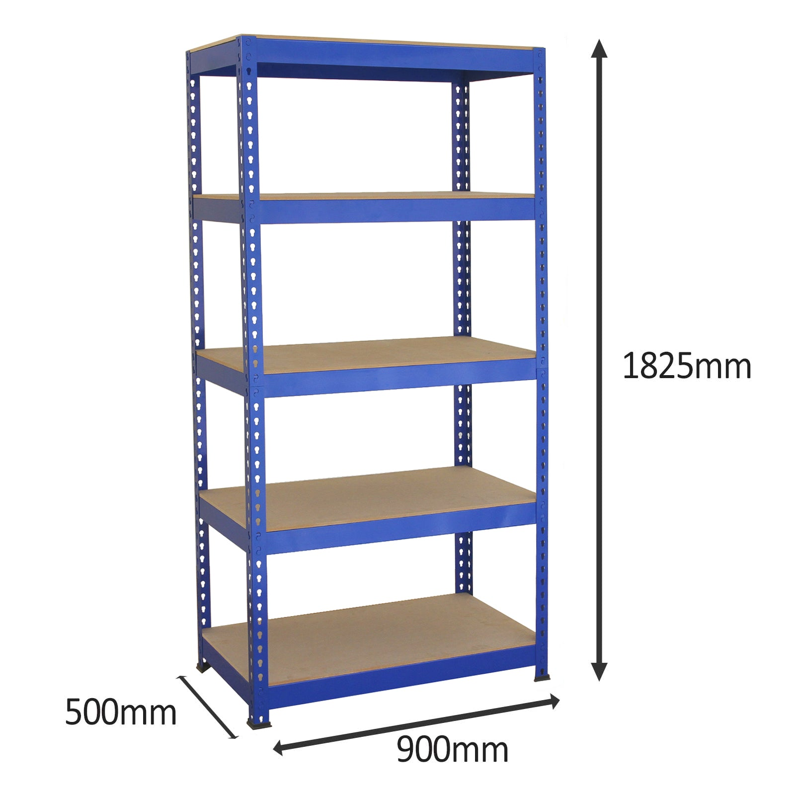 Un estante azul de metal con cinco baldas de madera, 1825 mm de alto x 900 mm de ancho x 500 mm de profundidad.