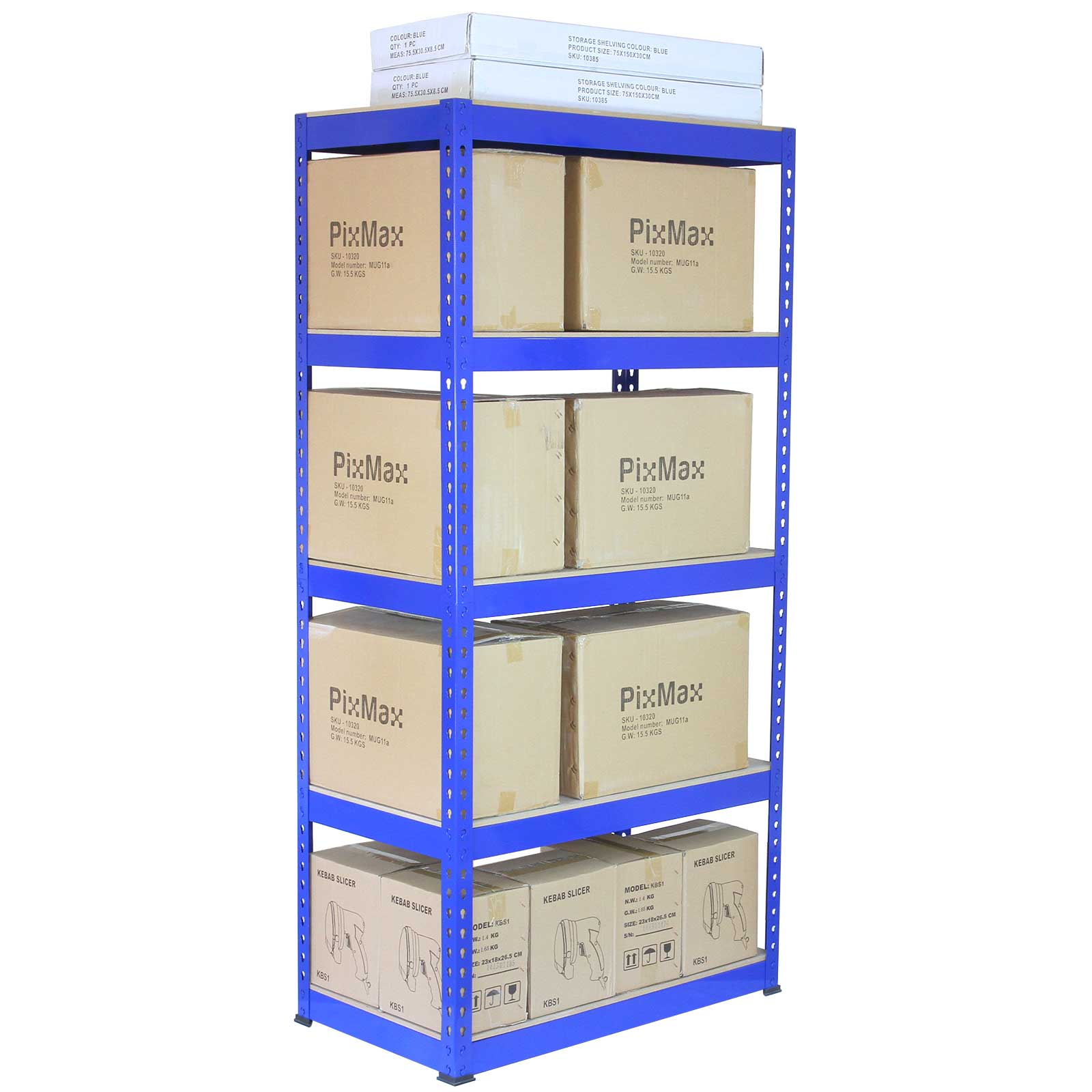 Un estante azul con cajas y cortadoras de kebab. Cajas blancas en la parte superior.