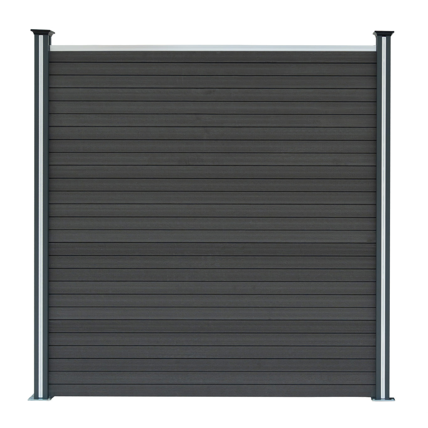 Pantalla de privacidad de madera compuesta gris oscuro con postes verticales.