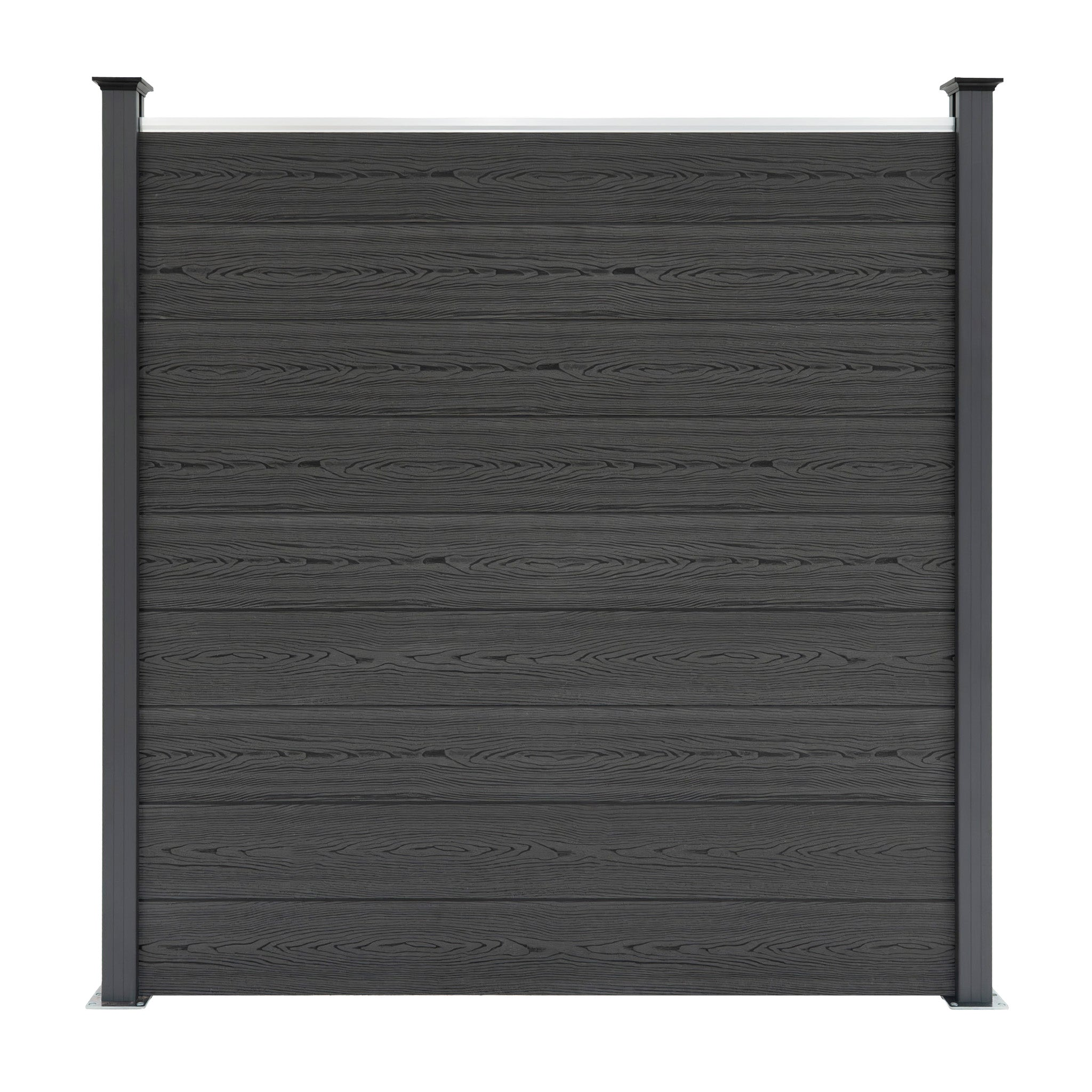 Una valla de madera oscura con postes plateados sobre fondo blanco.