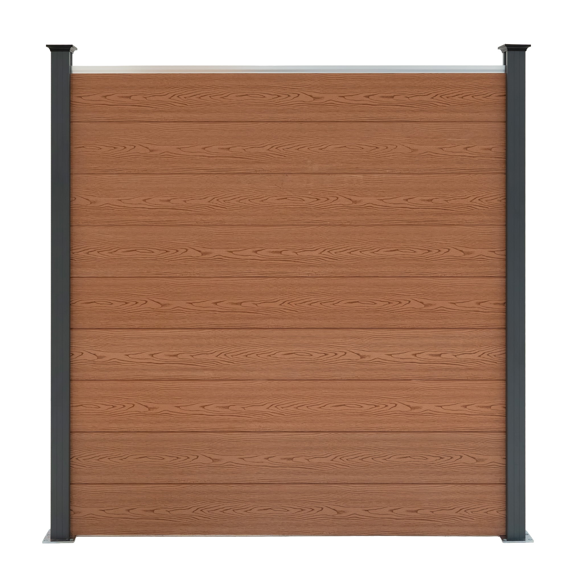 Panel de valla de tablones de madera marrón con postes oscuros sobre fondo blanco.