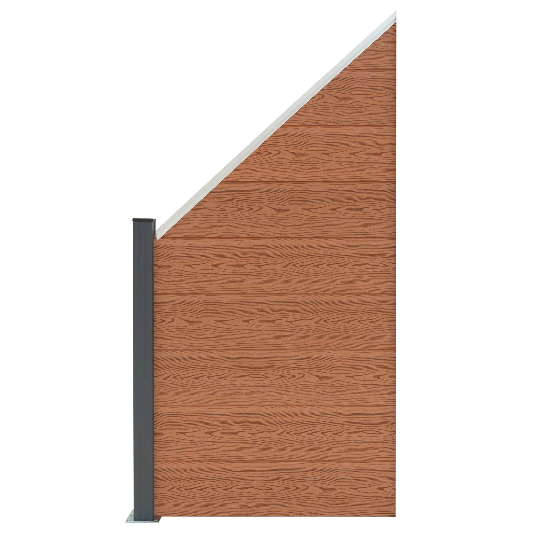 Un poste gris soporta una pared de paneles de madera marrón con borde blanco.