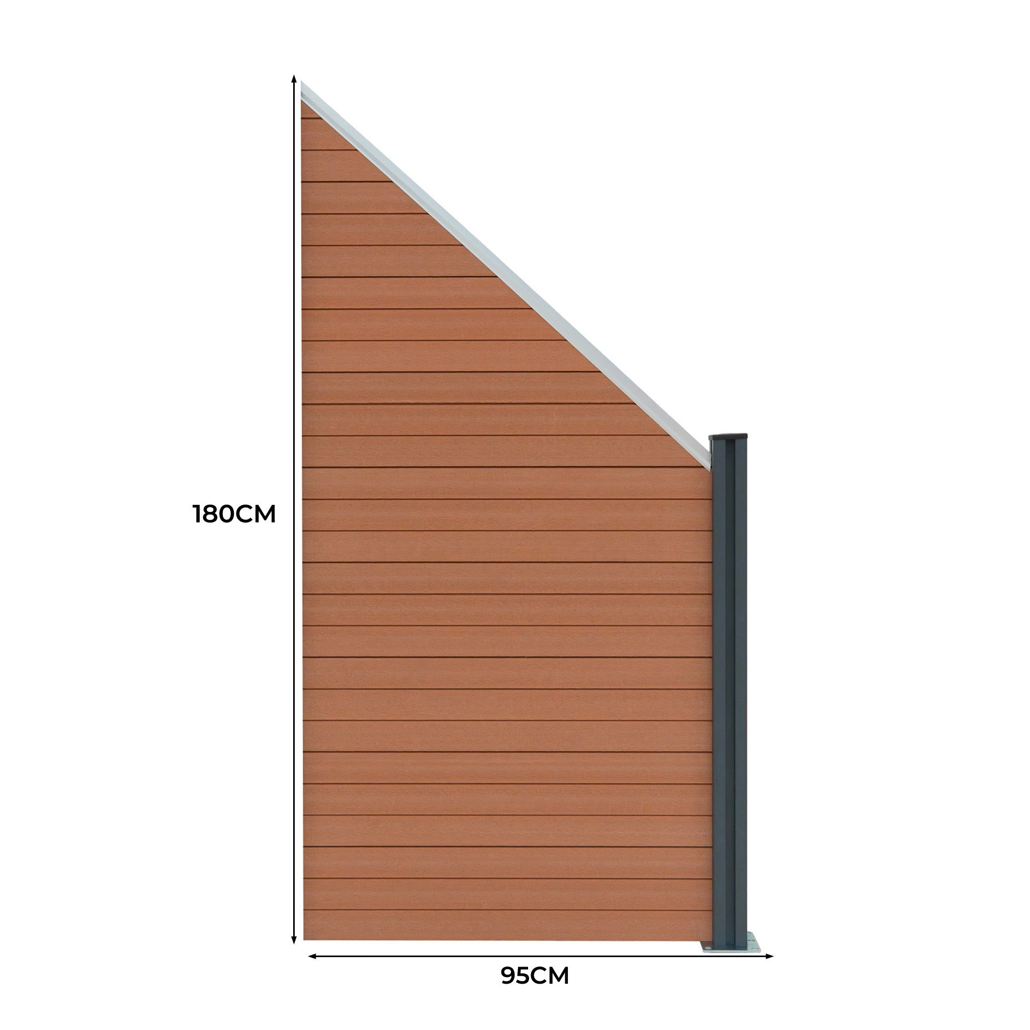 Una pared de paneles de madera marrón con borde plateado, 180 cm de alto y 95 cm.