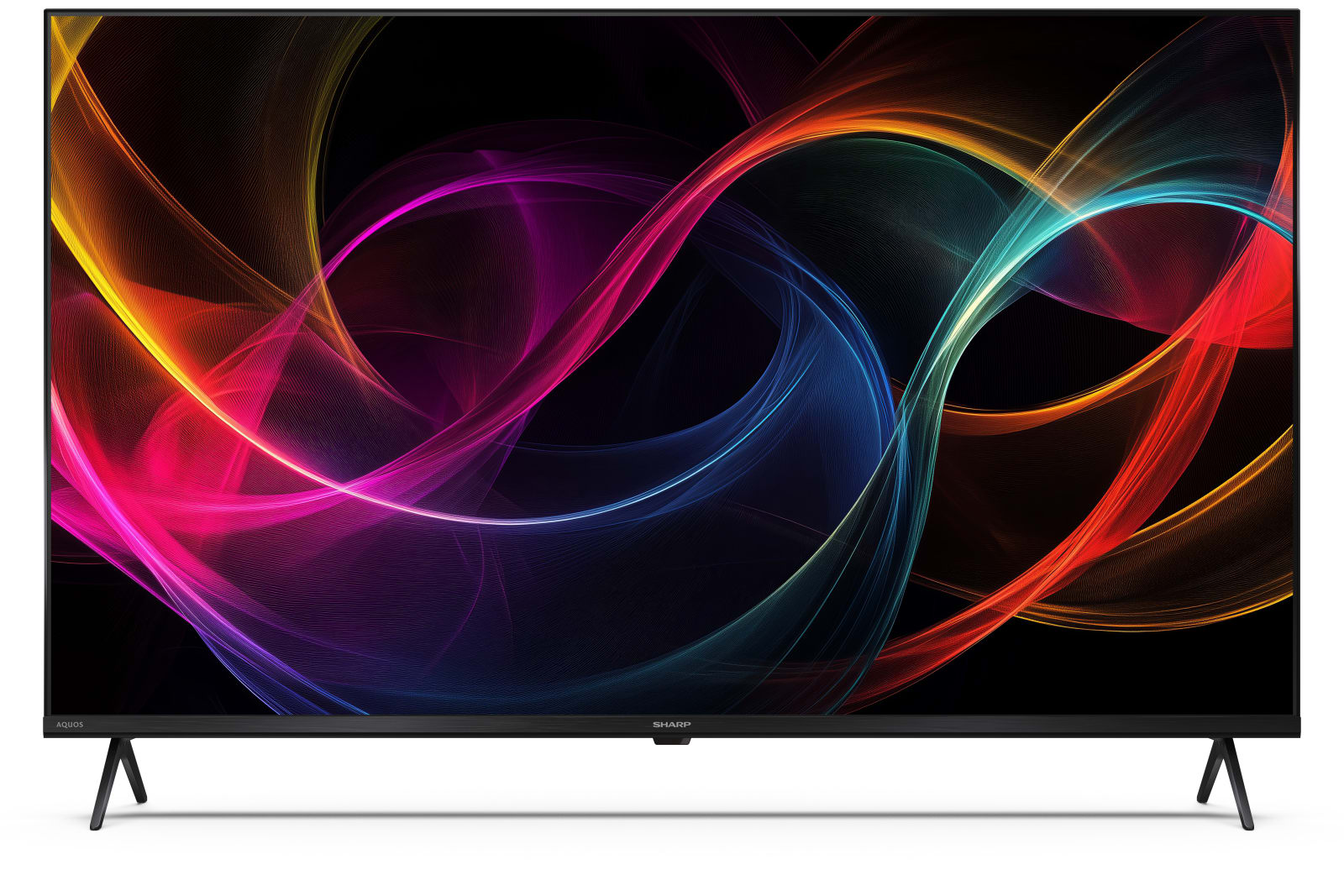 Una TV moderna che mostra un motivo astratto e colorato di onde sullo schermo.