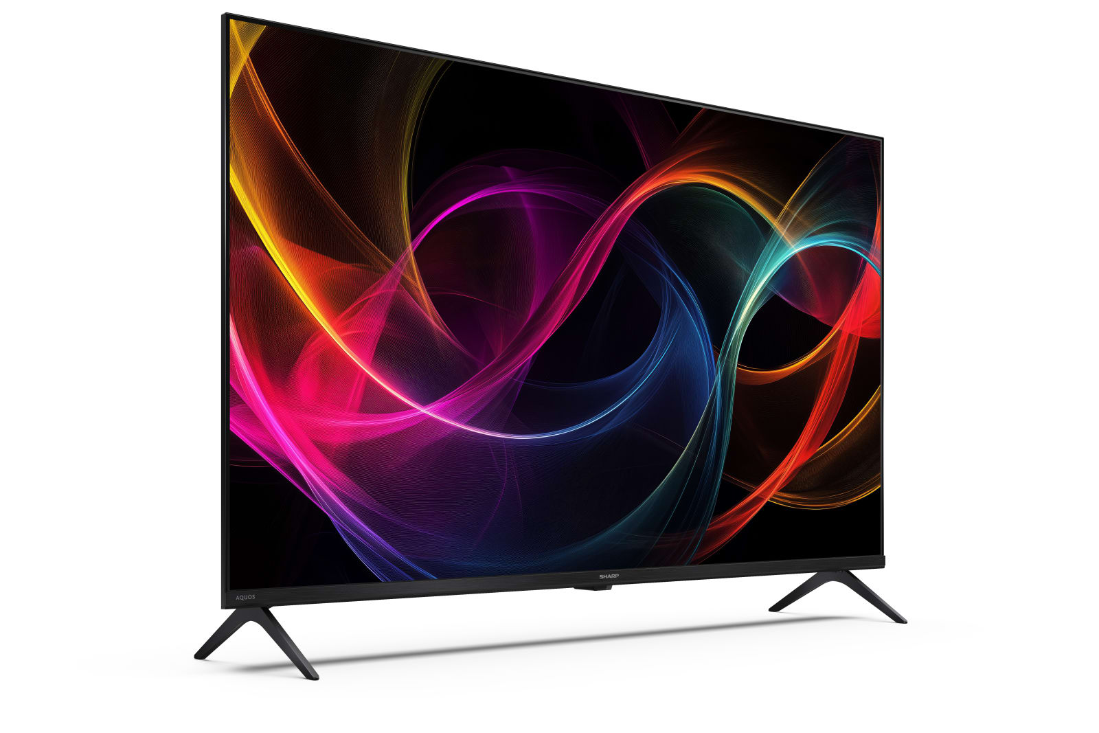 Una moderna TV nera con un motivo astratto colorato sullo schermo.