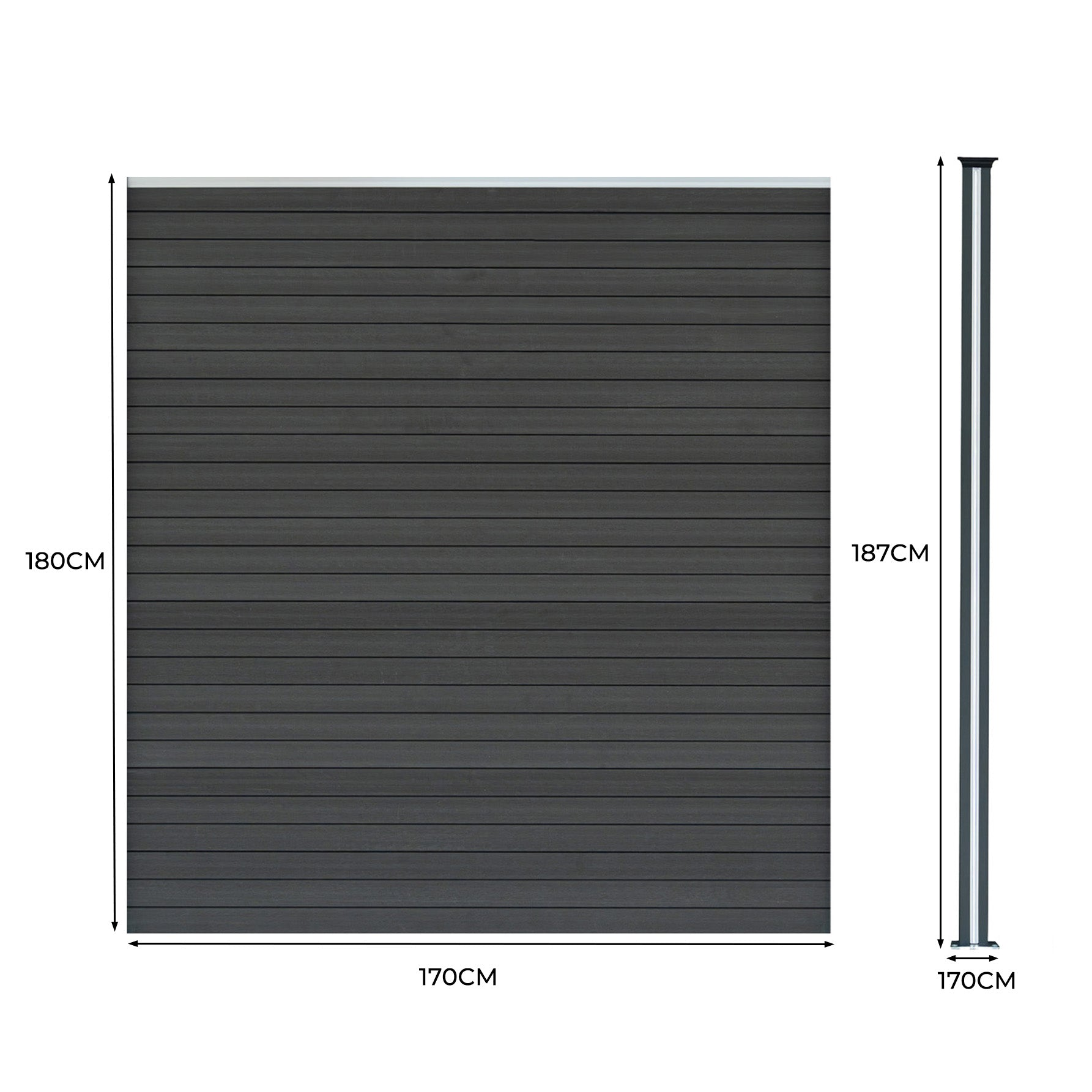 Paneles gris oscuro (180x170cm) junto a un poste (187x170cm).