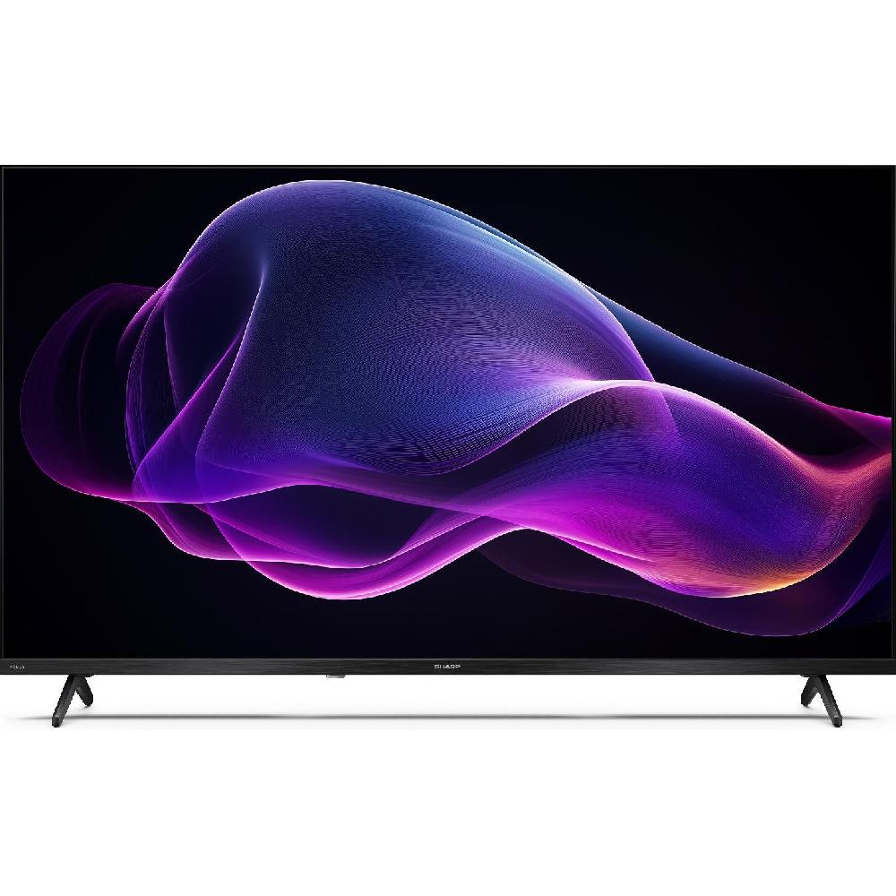 Un televisore moderno che mostra un motivo astratto viola sullo schermo.