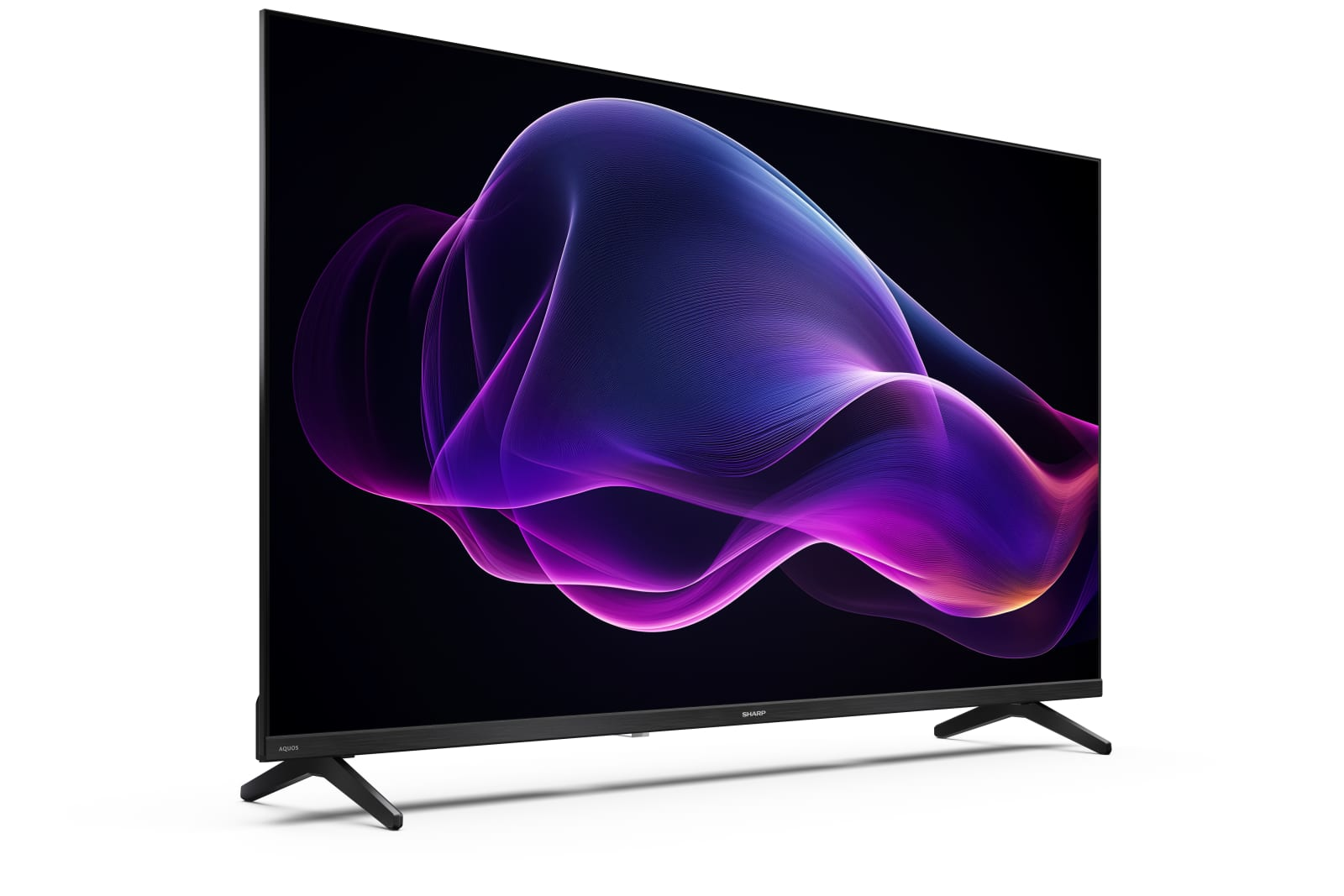 Una moderna TV nera che mostra un'immagine astratta e ondulata viola e blu.