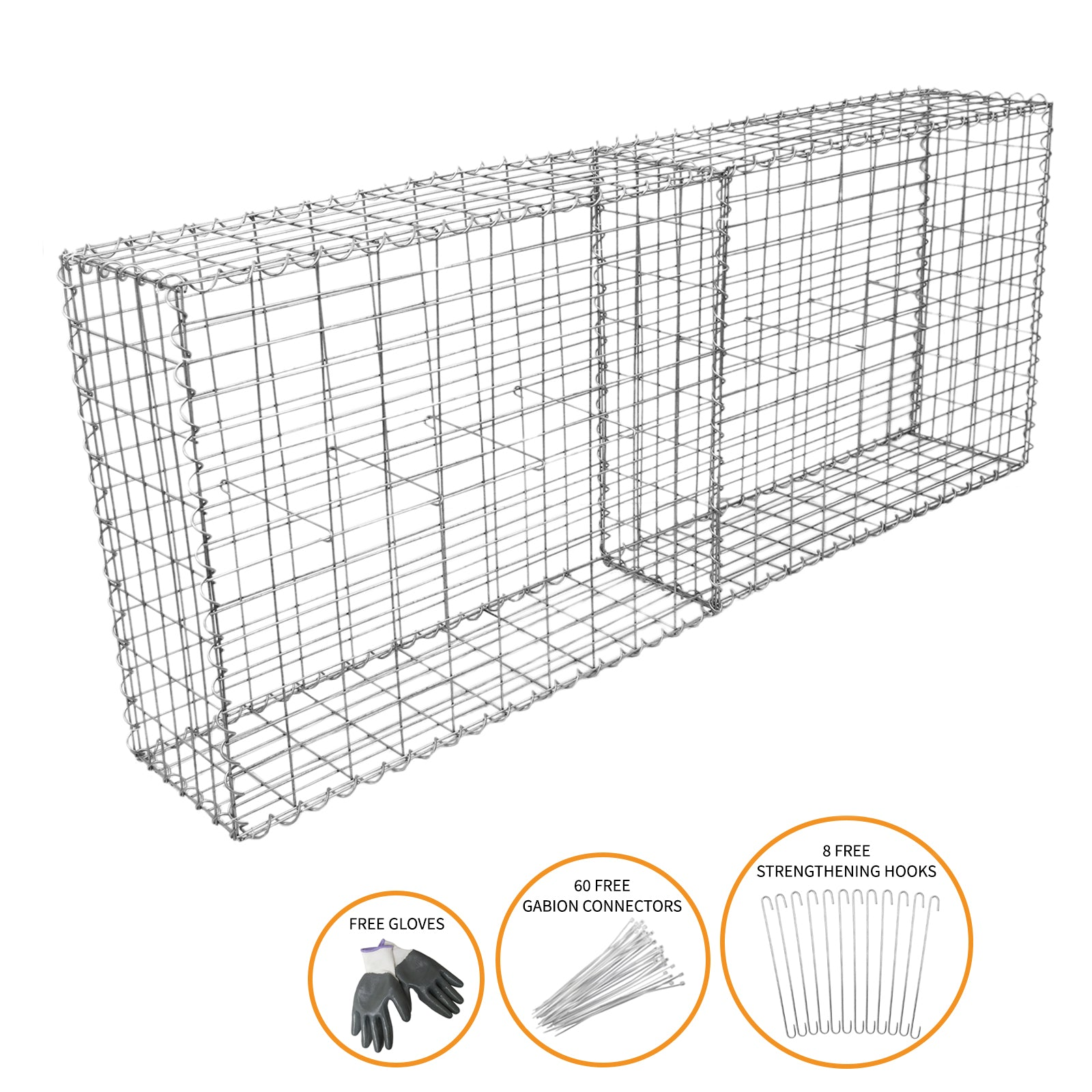 Una cesta de gaviones larga y rectangular de malla de alambre galvanizado sobre fondo blanco.