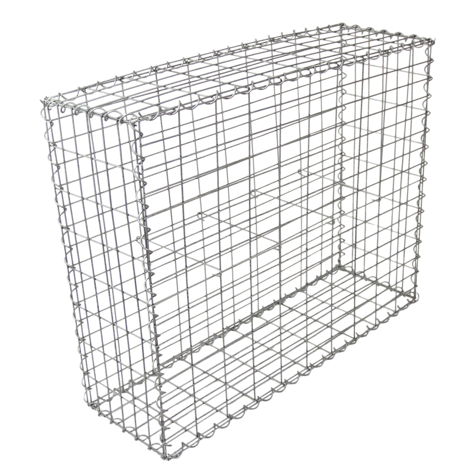 Una jaula rectangular de alambre de metal, aislada sobre fondo blanco.