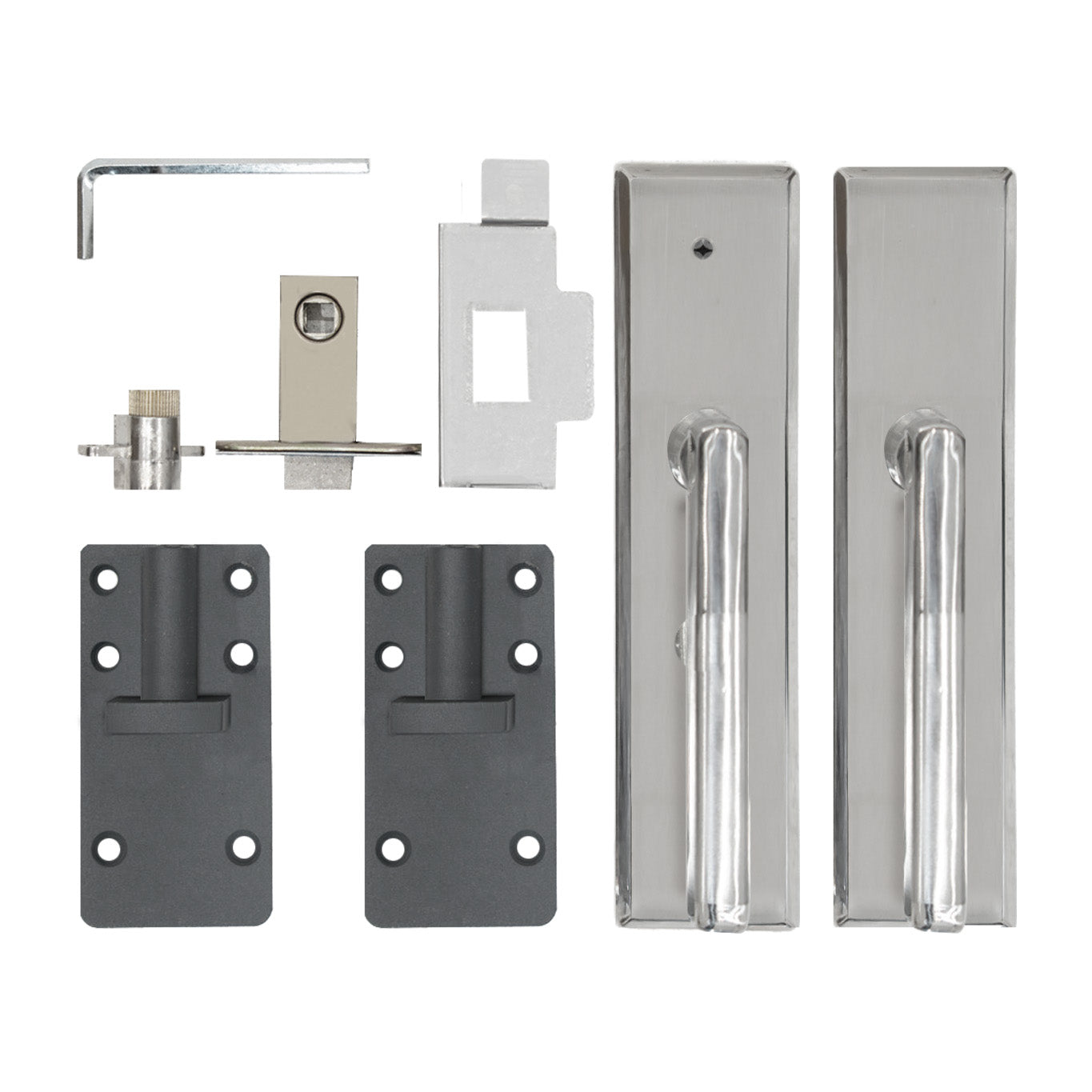 Juego de herrajes para puerta: manijas metálicas, pestillo, piezas de cerradura y llave Allen.