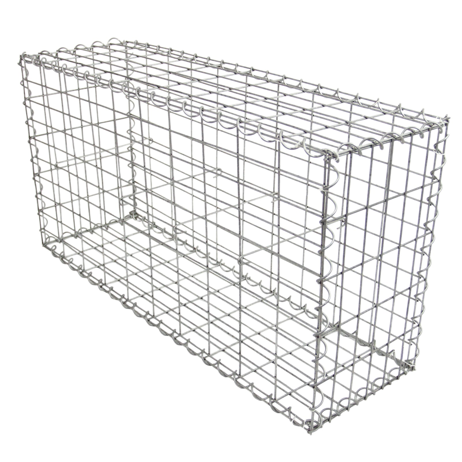Una cesta de gaviones rectangular vacía de malla de alambre galvanizado, sobre fondo blanco.