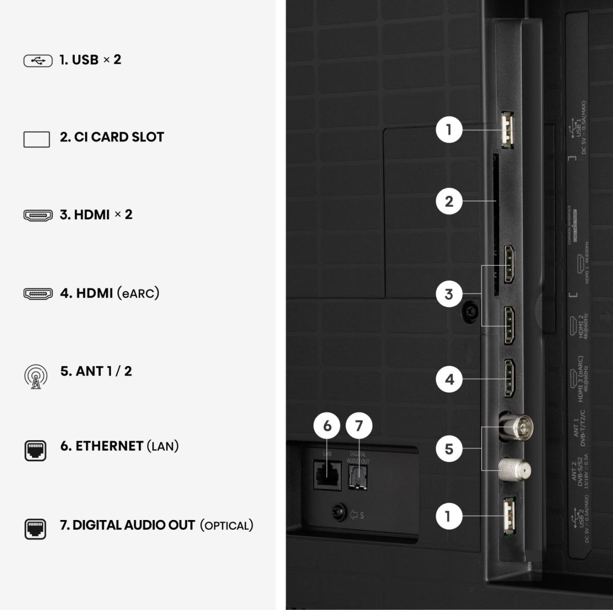 Porte TV etichettate: USB, HDMI, ANTENNA, LAN e USCITA AUDIO DIGITALE.