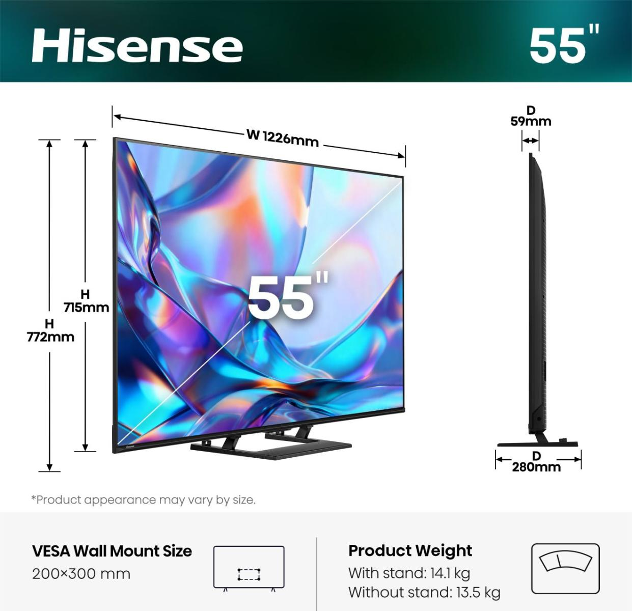 TV Hisense da 55 pollici con dettagli su dimensioni e peso.