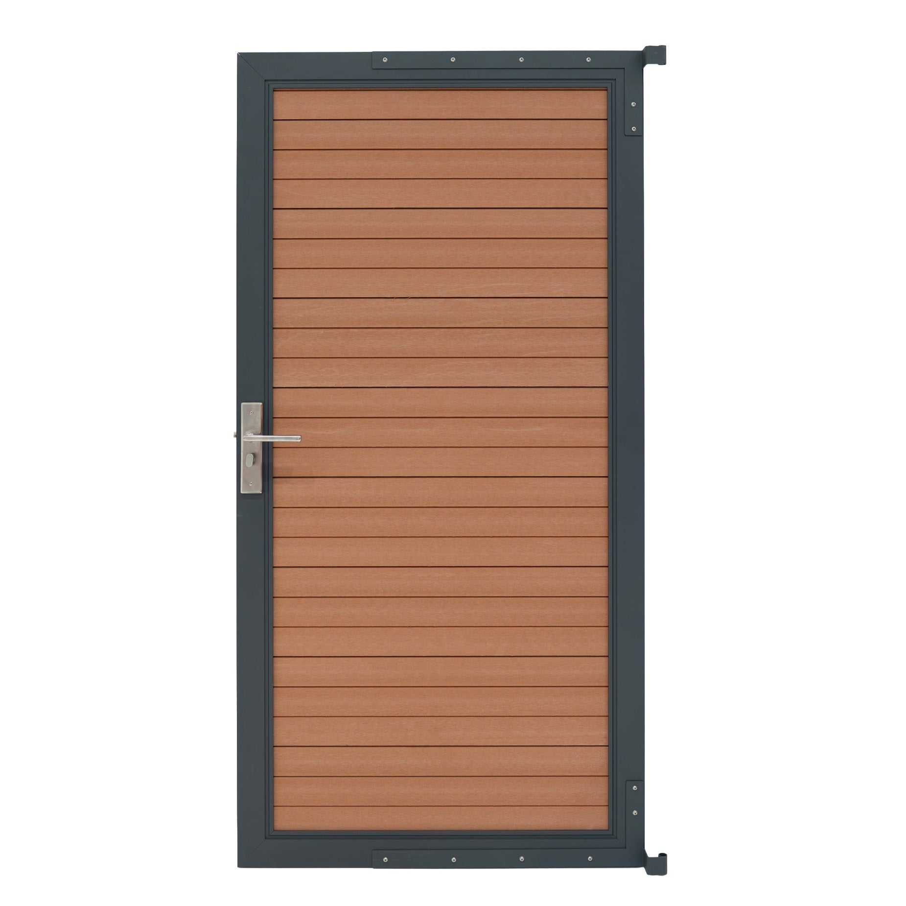 Una puerta de madera marrón con marco de carbón y manija plateada.