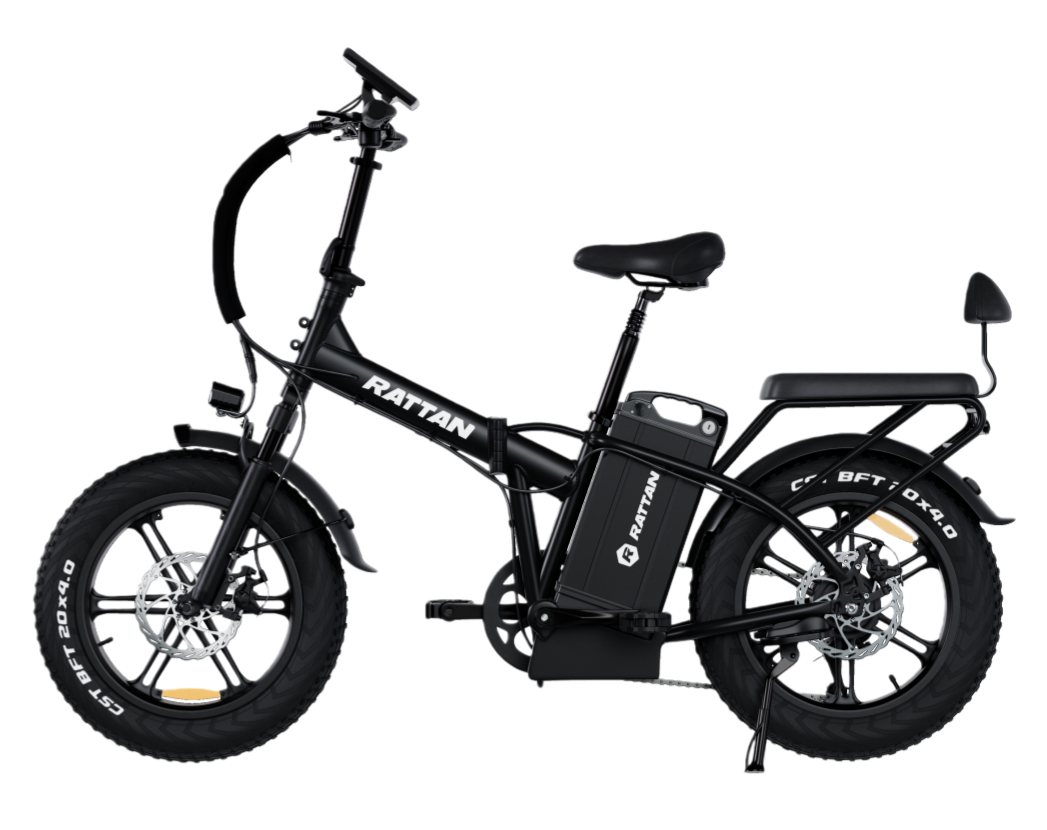 Bicicletta elettrica pieghevole nera con pneumatici grassi e portapacchi.