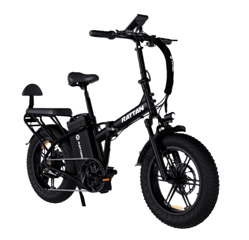 Bicicletta elettrica pieghevole nera con pneumatici larghi, portapacchi e sedile.