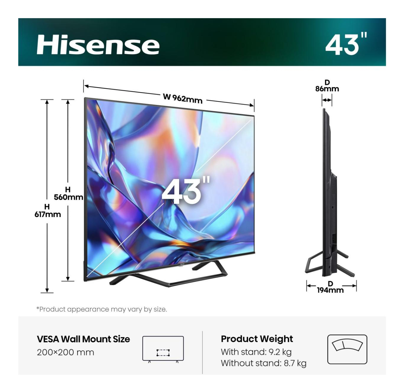 Una TV Hisense da 43 pollici con dimensioni e peso.