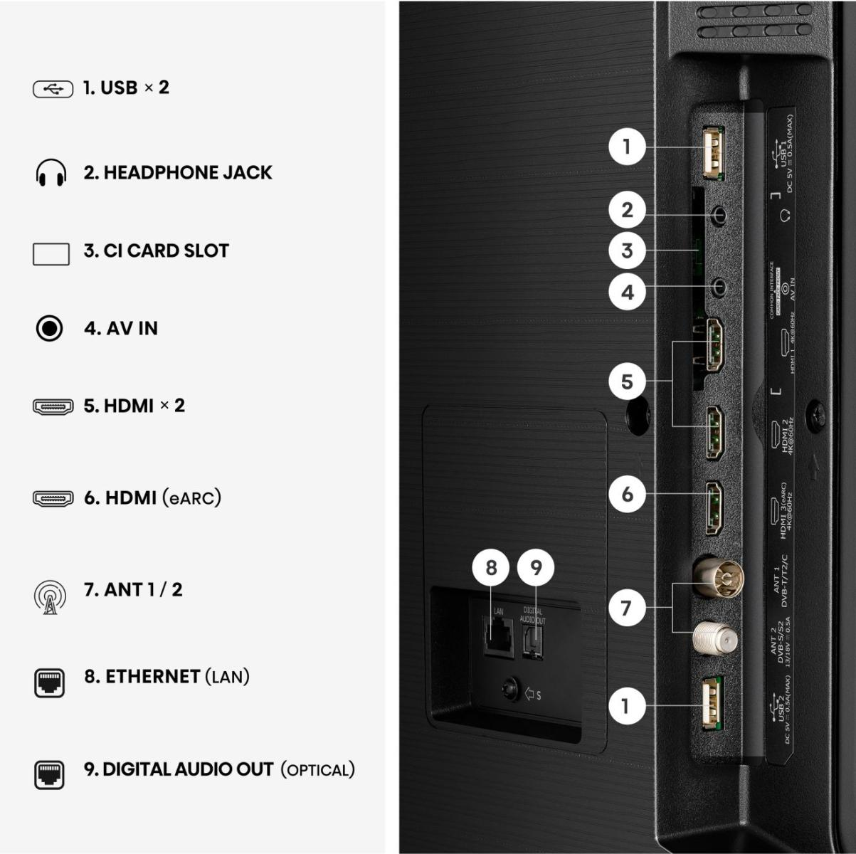 Porte TV: USB, HDMI, AV, LAN, Uscita audio ottica, Antenna, Slot scheda CI.